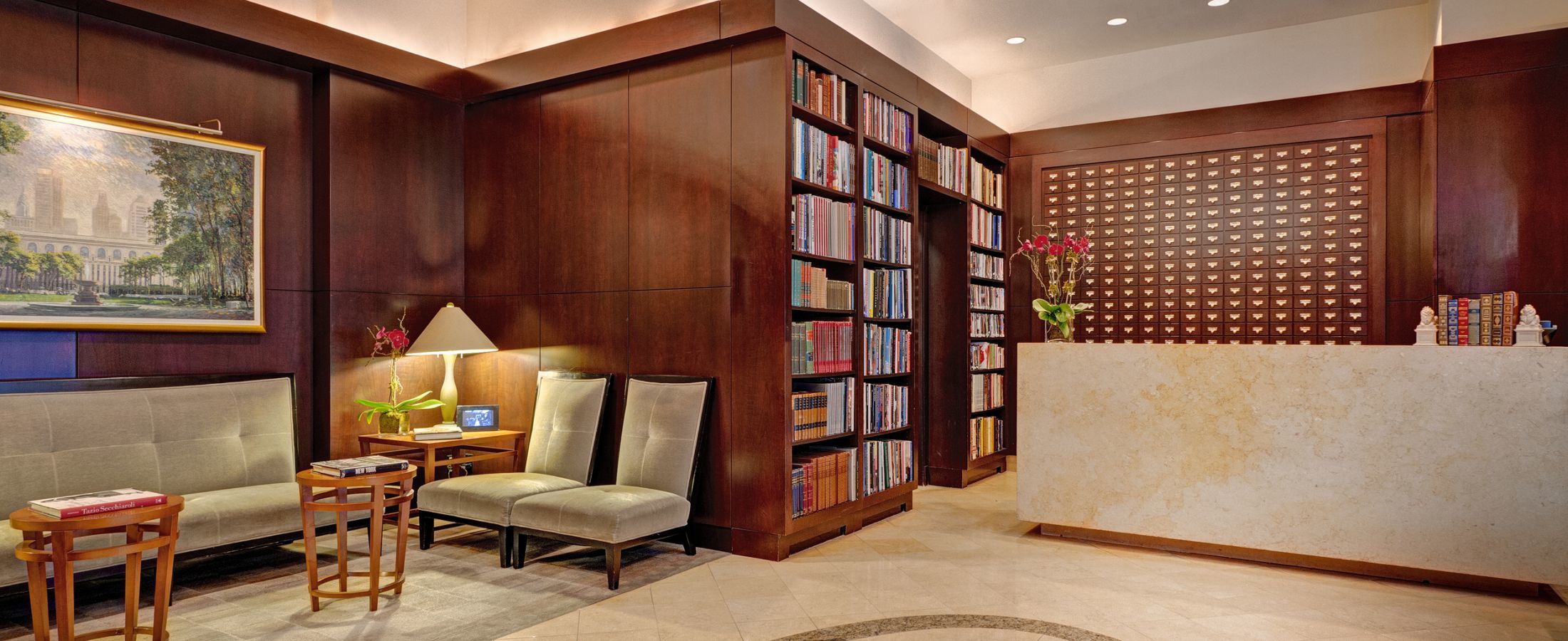 front desk and sitting area in lobby