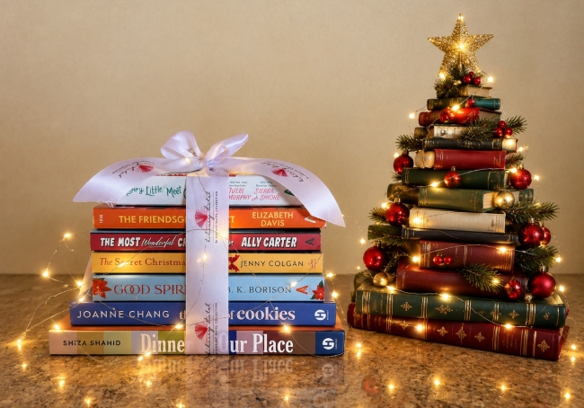 Books wrapped in a ribbon next to a Tree made out of books.